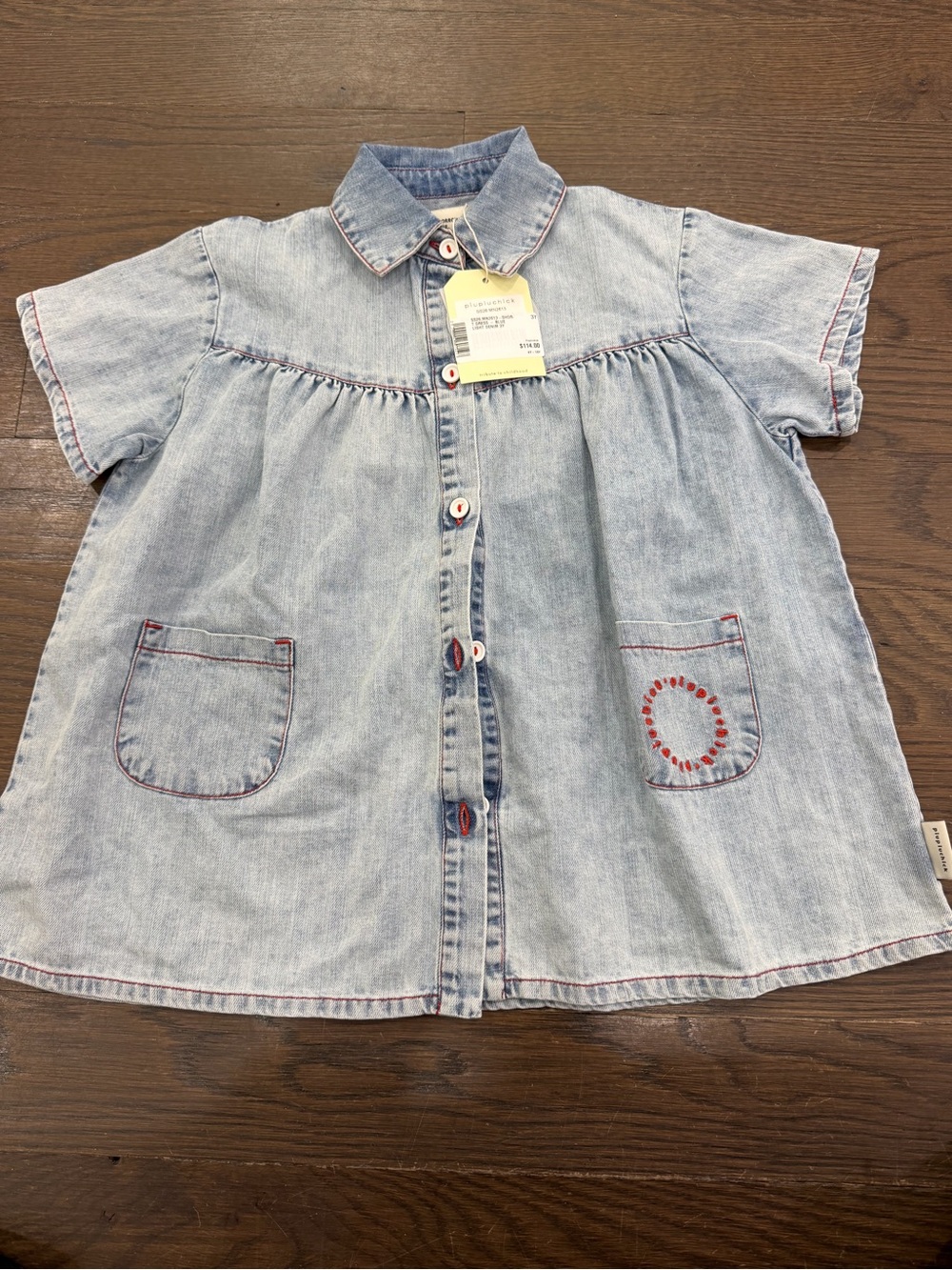 Girls' Light Denim Button-Front Dress with Red Stitch Accents